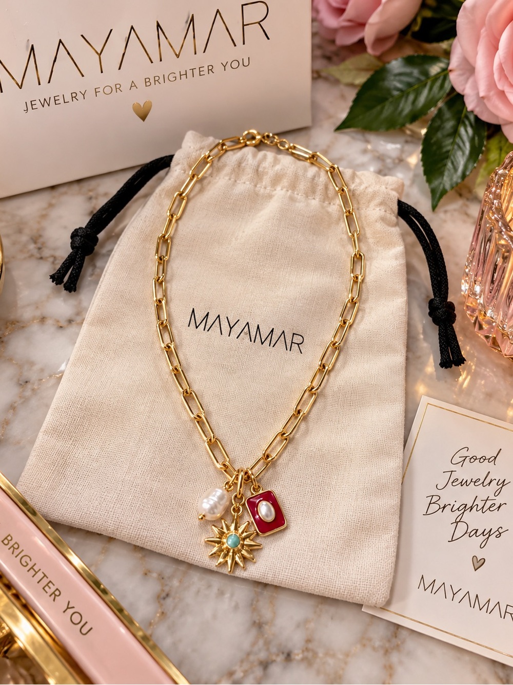 MAYAMAR MM-01444 24 Gold-Plated Multi-Charm Paperclip Necklace - NWT